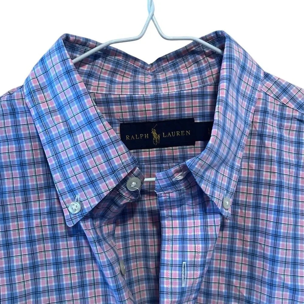 Polo Ralph Lauren Men's L‎ Pink and Blue Plaid Long Sleeve Button Down Shirt